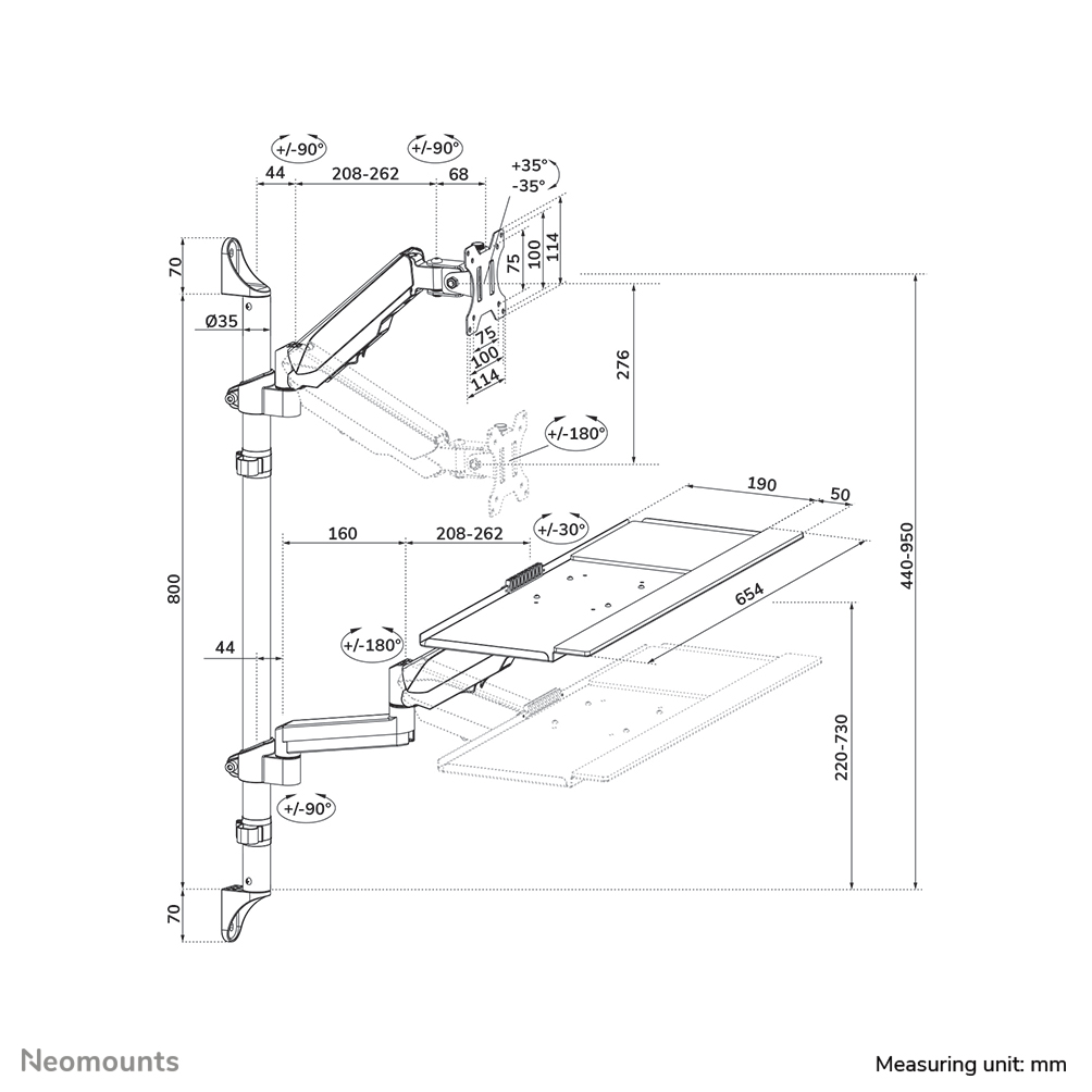 Neomounts WL90-325BL1 Station de travail assis-debout - mural - 17-32" - ressort à gaz